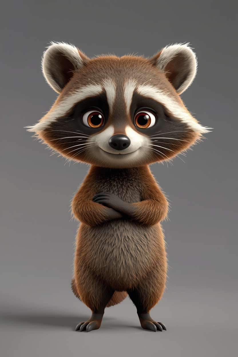 A cute, fluffy 3D raccoon stands upright with its arms crossed and a confident smile against a plain gray background.