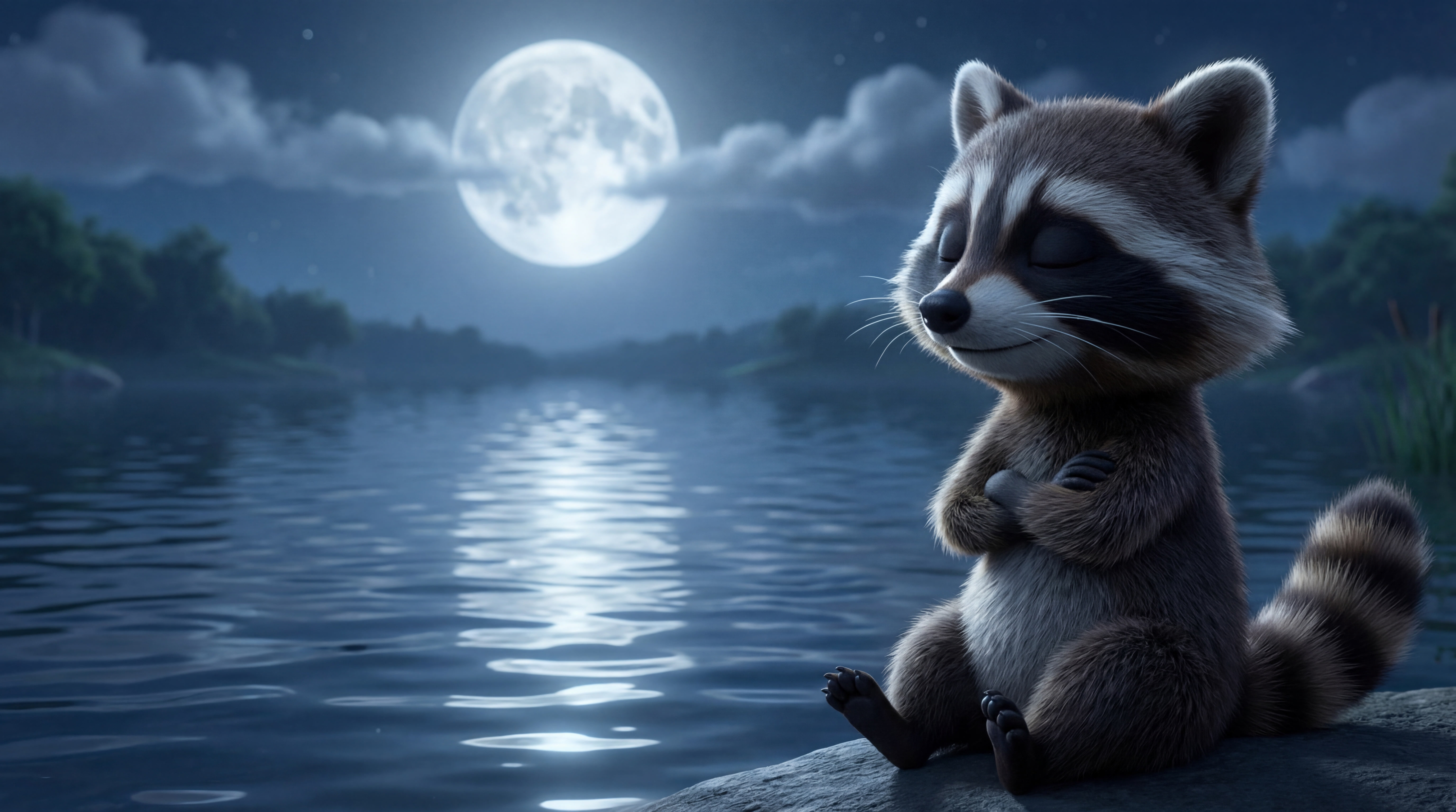 A peaceful raccoon sits with closed eyes and a gentle smile, arms crossed, on a lakeside rock at night, lit by soft moonlight from a bright full moon.