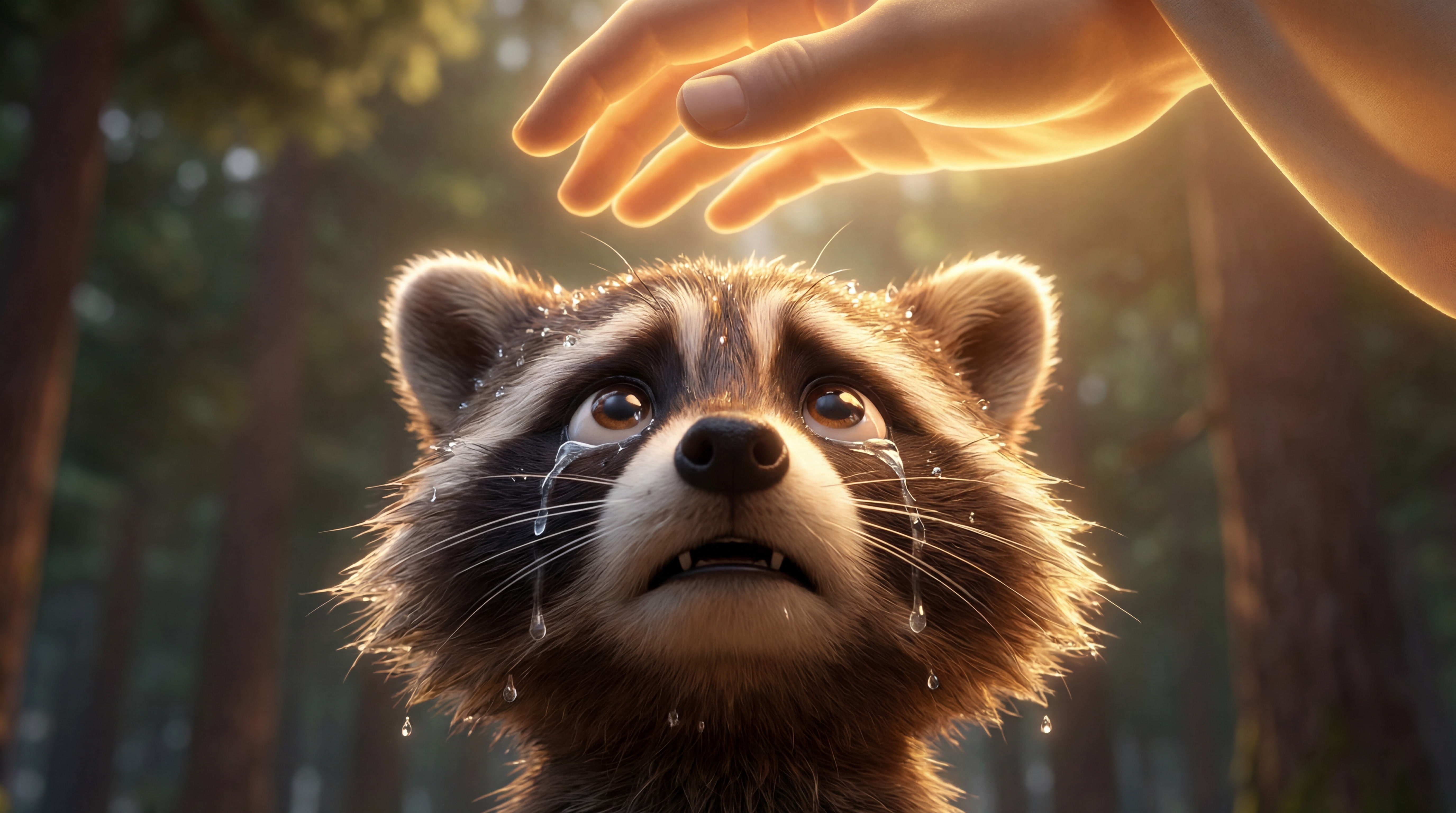 A tearful raccoon looks upward with a sorrowful expression as a glowing hand reaches down toward its head in a sunlit forest.