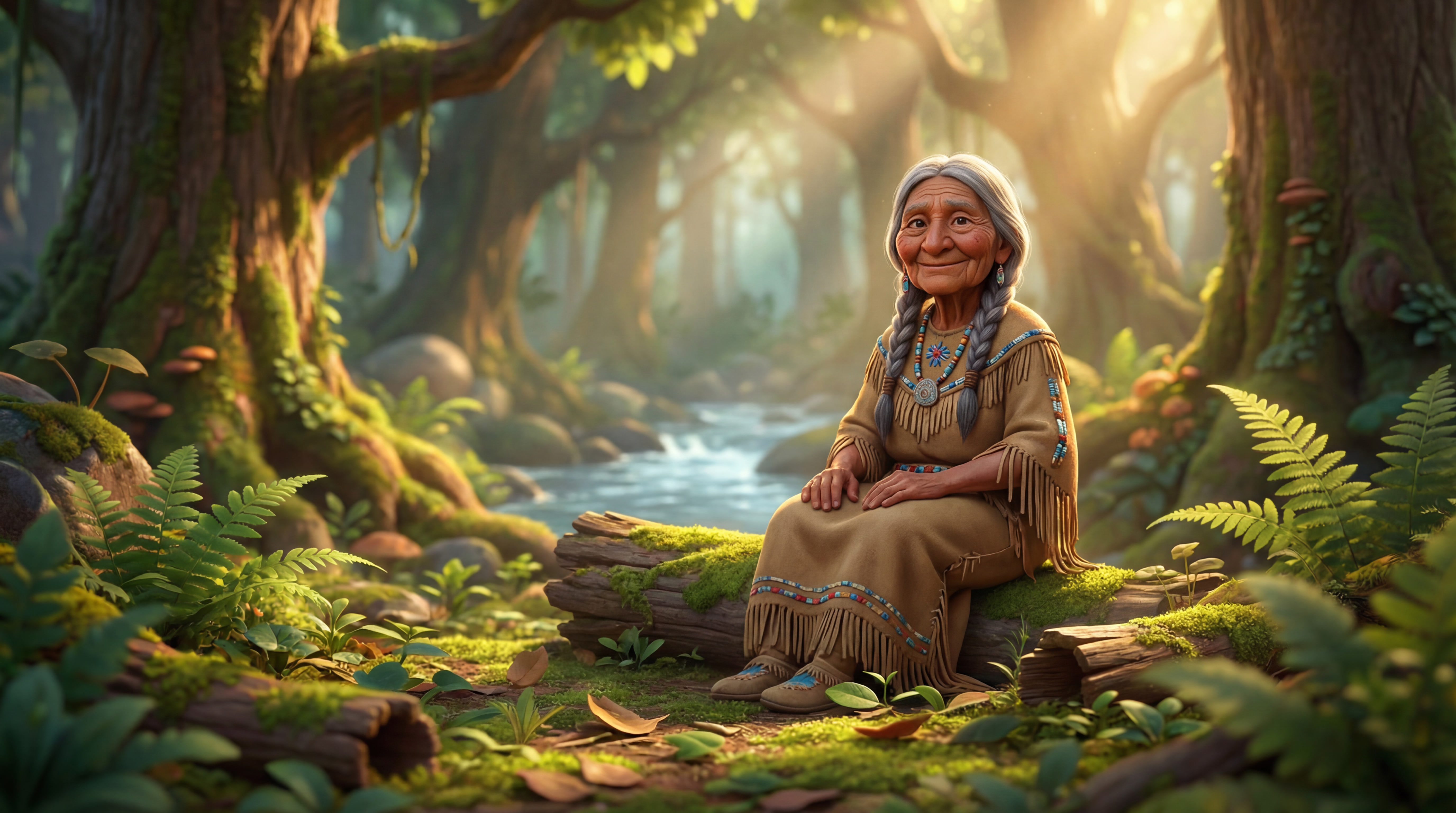 A serene elderly Indigenous woman in traditional beaded attire sits smiling on a mossy log beside a river in a sun-dappled forest.