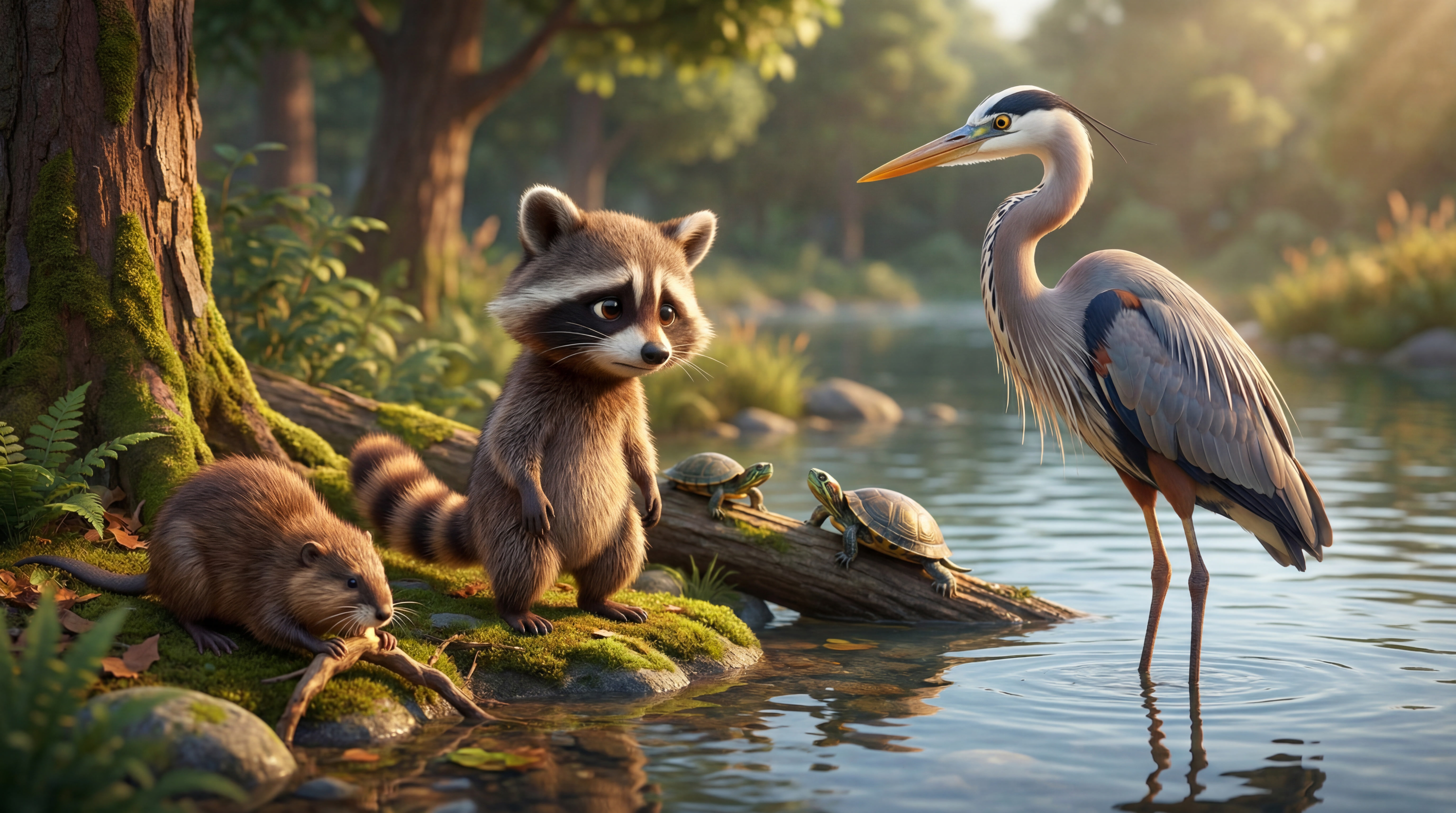 A fluffy raccoon stands upright on a mossy riverbank beside a tall heron wading in calm water, while a muskrat chews a stick and turtles rest on a log nearby, bathed in warm sunlight.