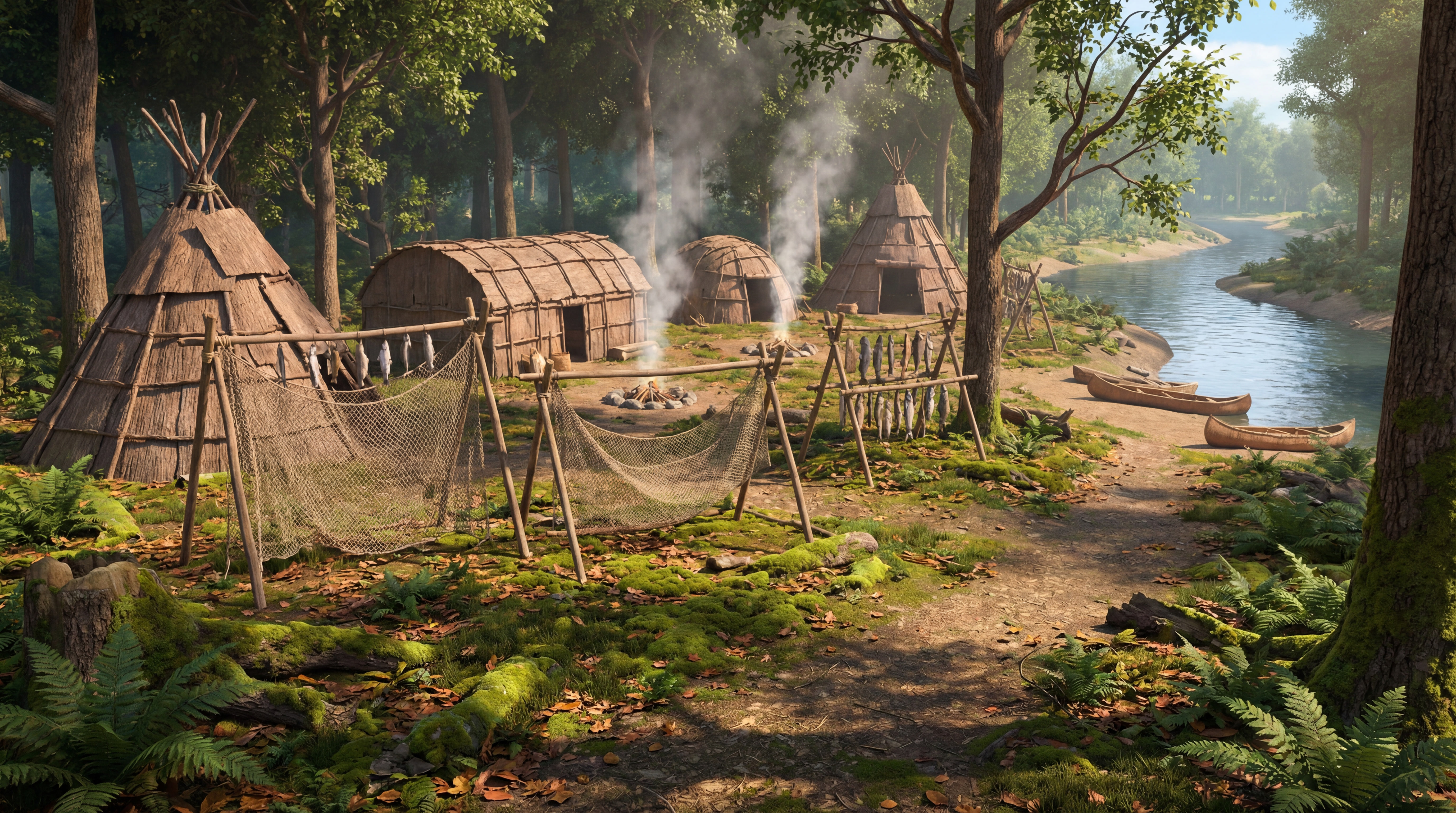 A serene, sunlit indigenous village clearing with bark huts, drying fishing nets, and dugout canoes along a forest riverbank.