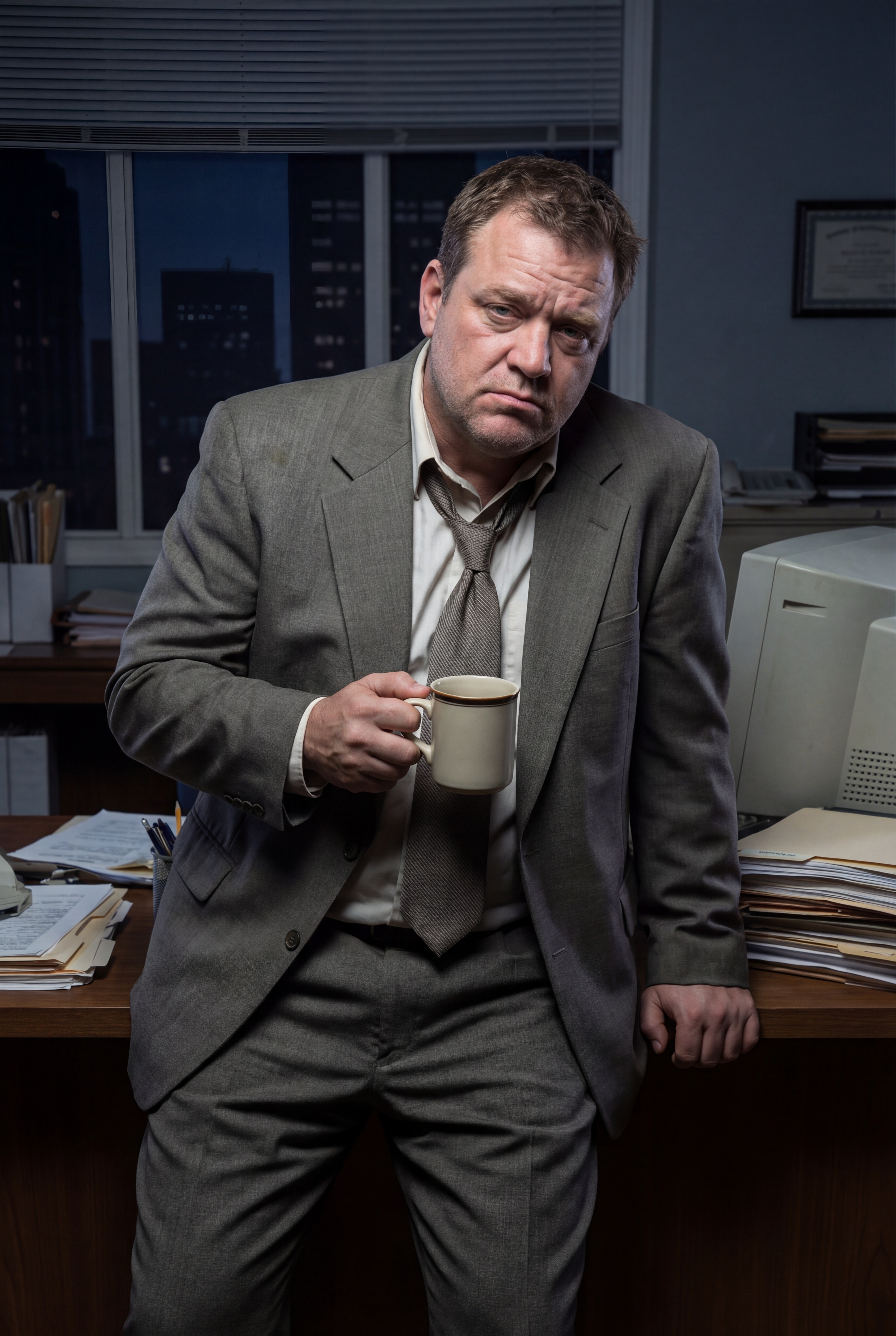 A weary detective in a rumpled grey suit and loosened tie, leaning against a desk in a dim office at night.