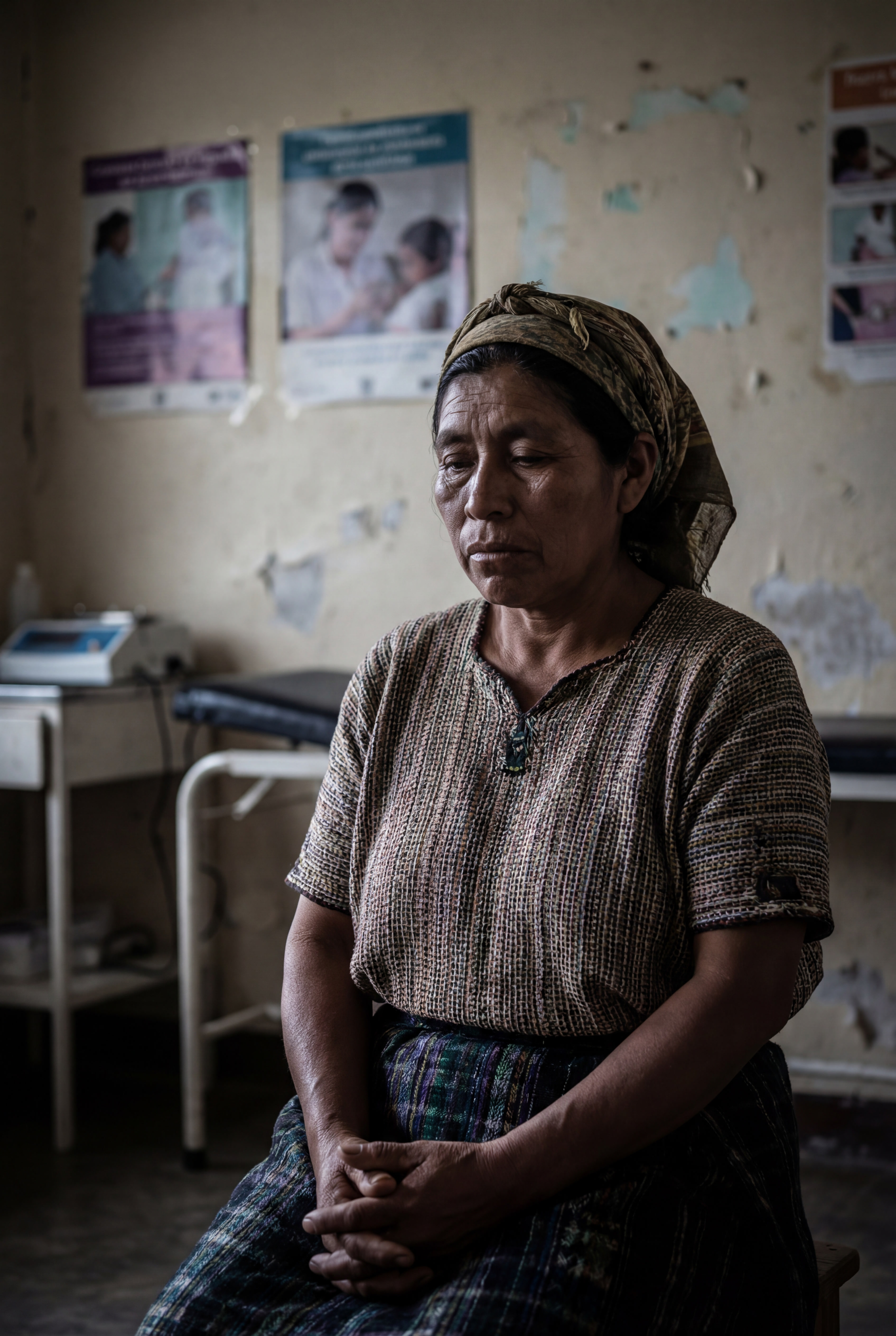 Elena, an Indigenous Guatemalan woman, in a clinic waiting room.