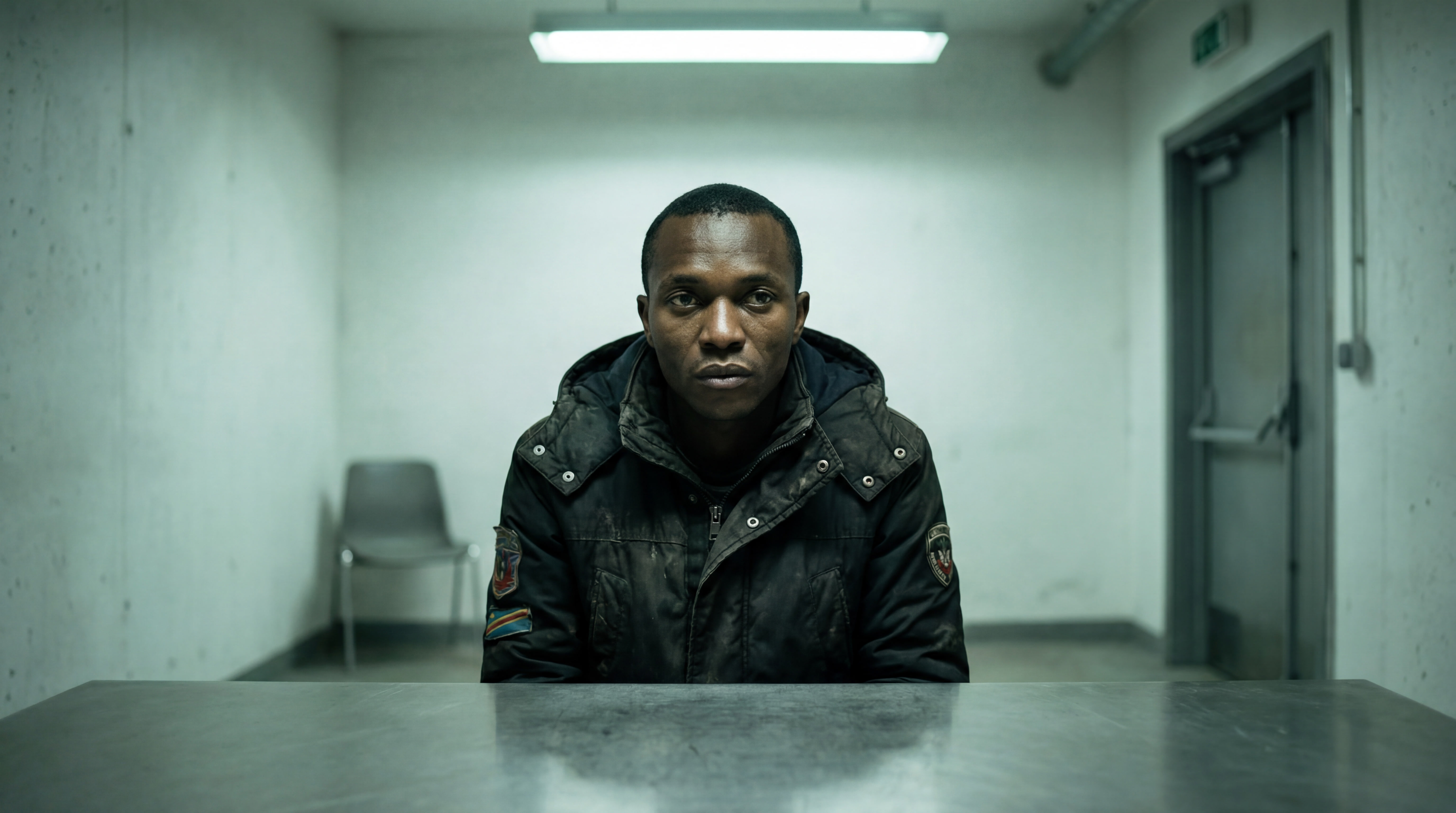 Joseph sits alone in a sterile interrogation room, watched under harsh fluorescent light, his expression guarded.