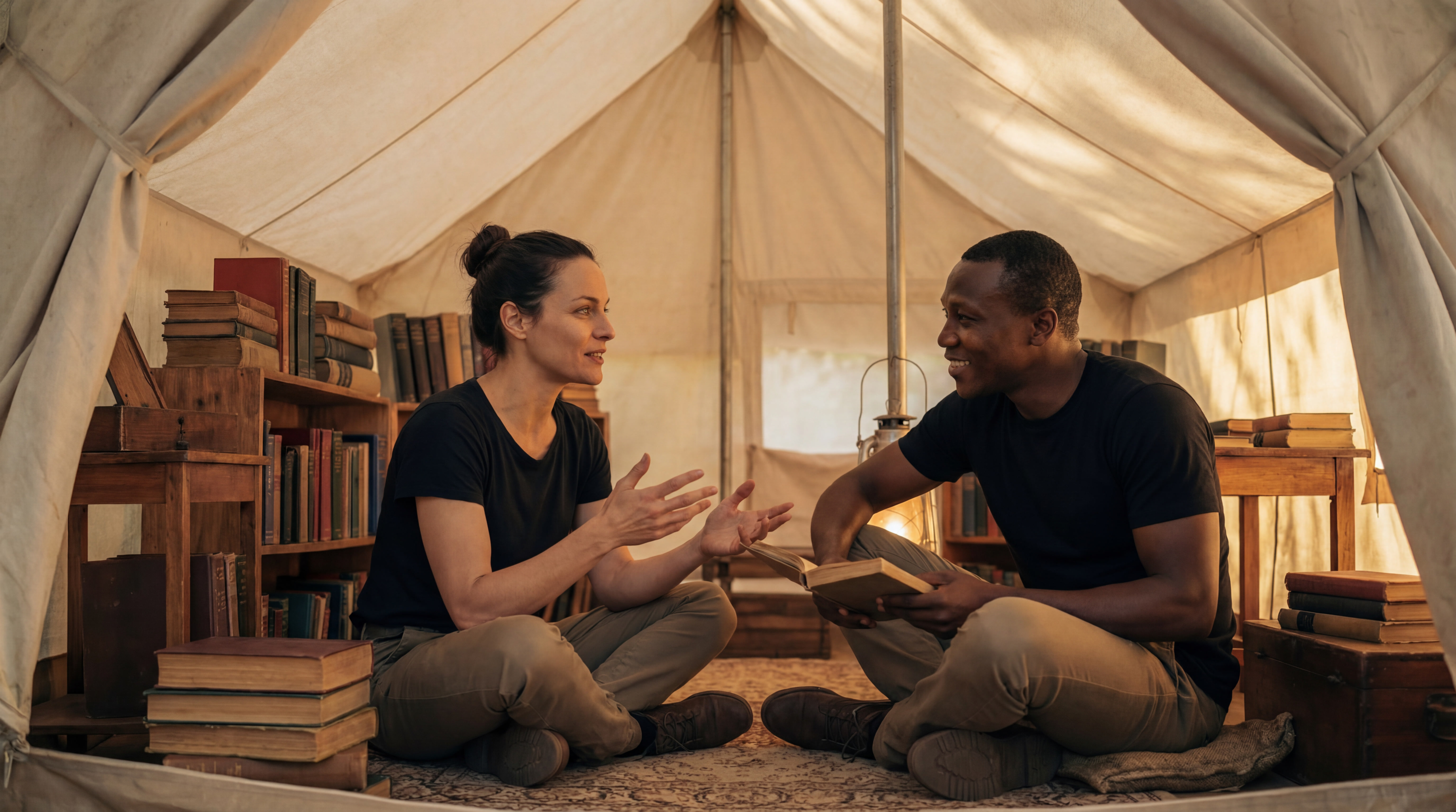 Joseph and Sylvie sit together in a tent library, talking animatedly among shelves of books in warm light.