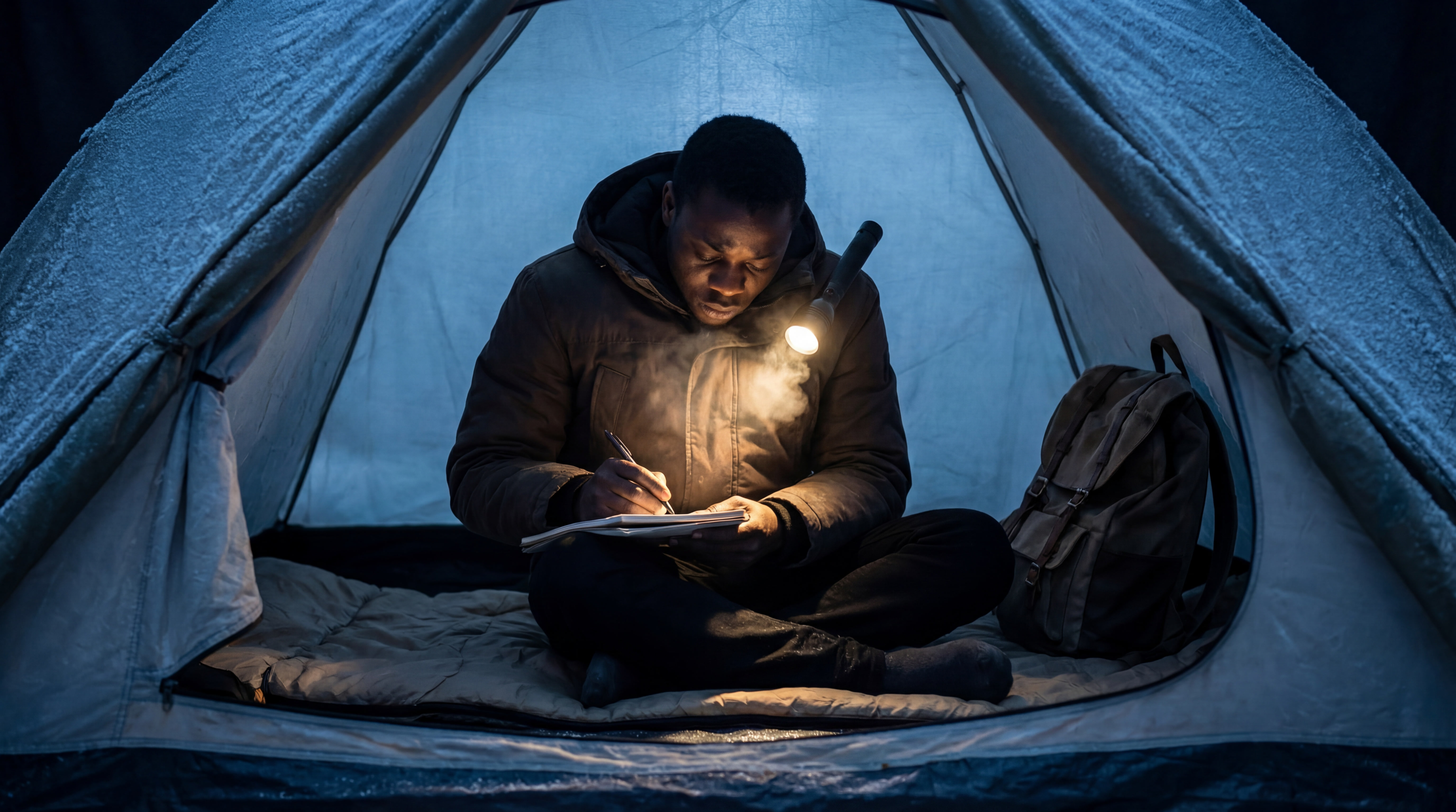 A young man in winter gear sits cross-legged in a tent, writing in a notebook by the warm glow of a headlamp, his breath visible in the cold air.