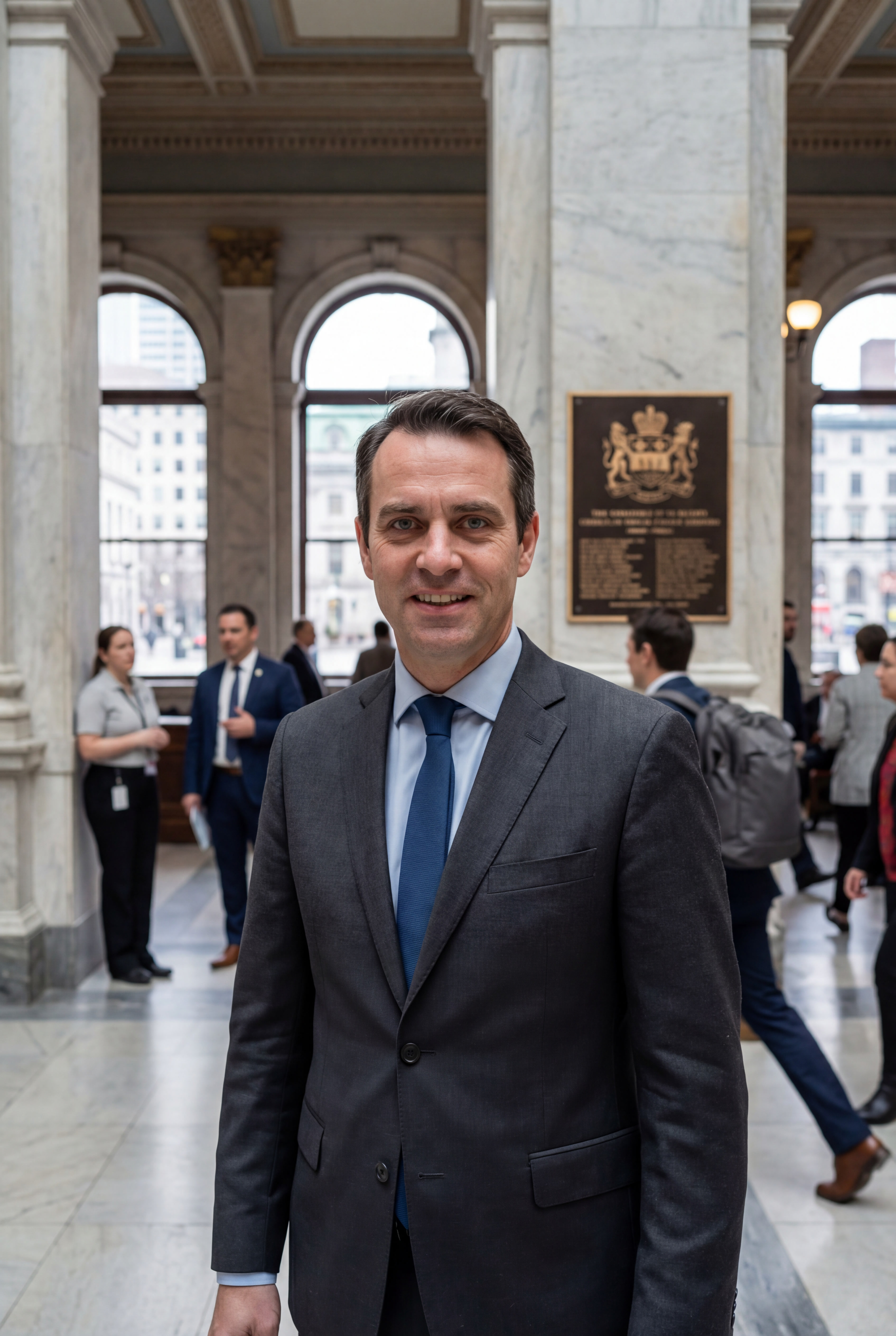 Councillor Philippe Marchand, a politician in a dark suit and blue tie, smiling in a grand marble lobby.