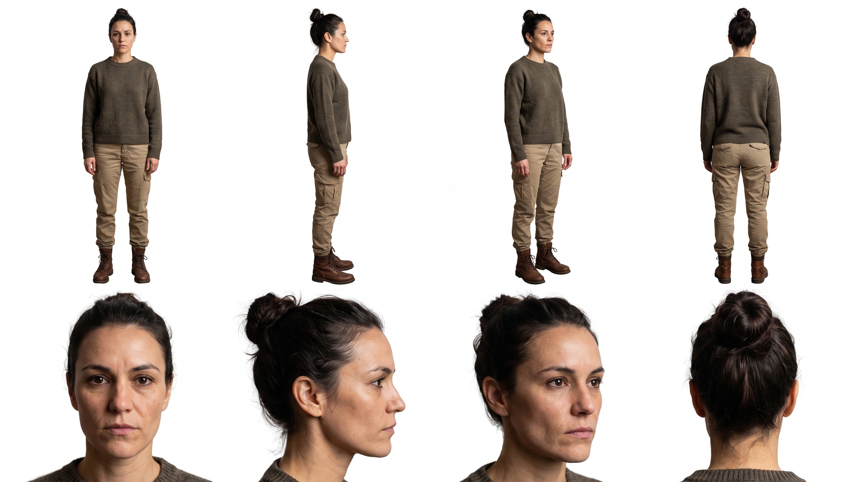 Character reference sheet for Sylvie - front, left profile, right profile, and rear views, shown full-body and as headshots, in an olive sweater, khaki cargo pants, and brown work boots.