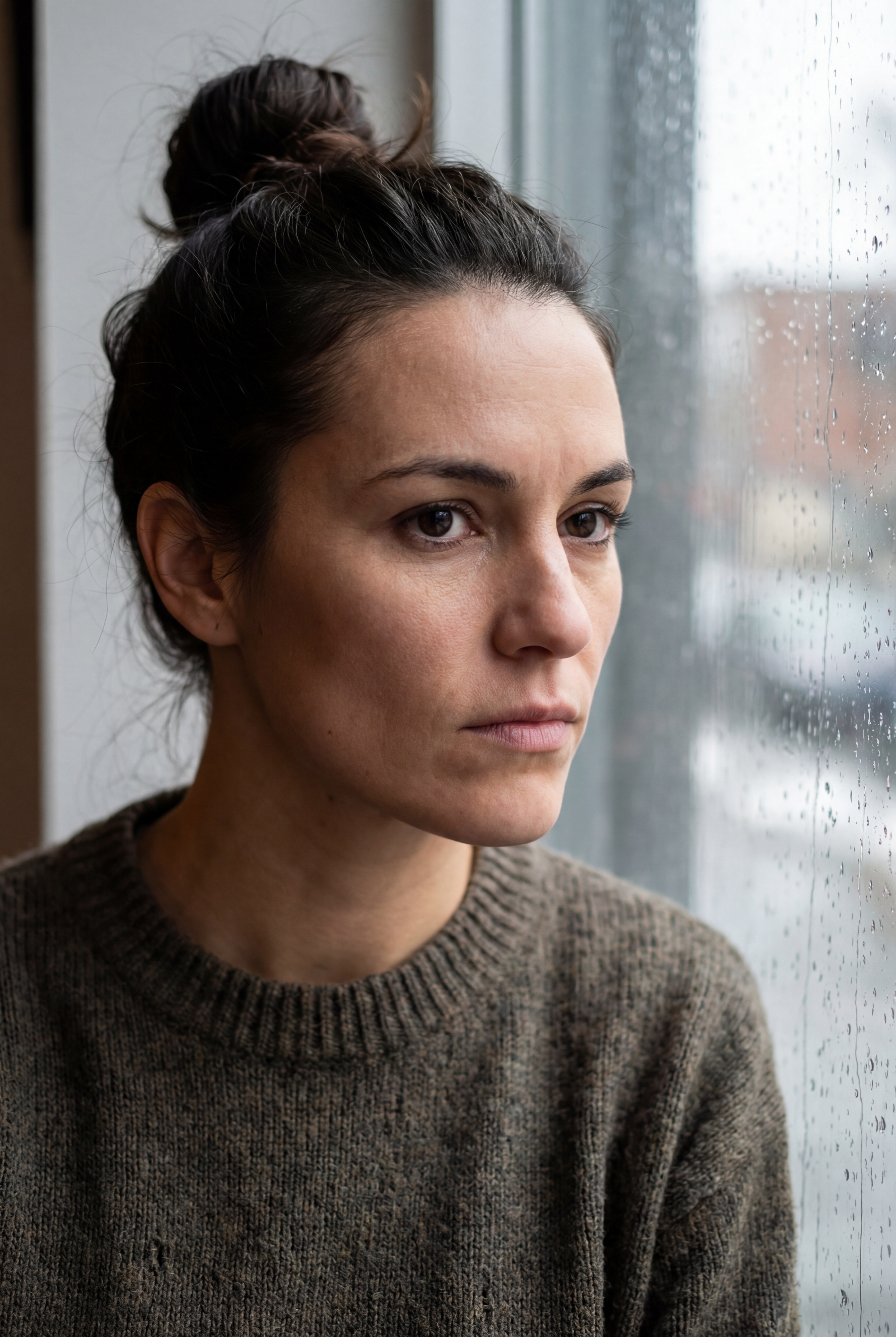 Sylvie, a French-Canadian woman, gazing through a rain-streaked window.