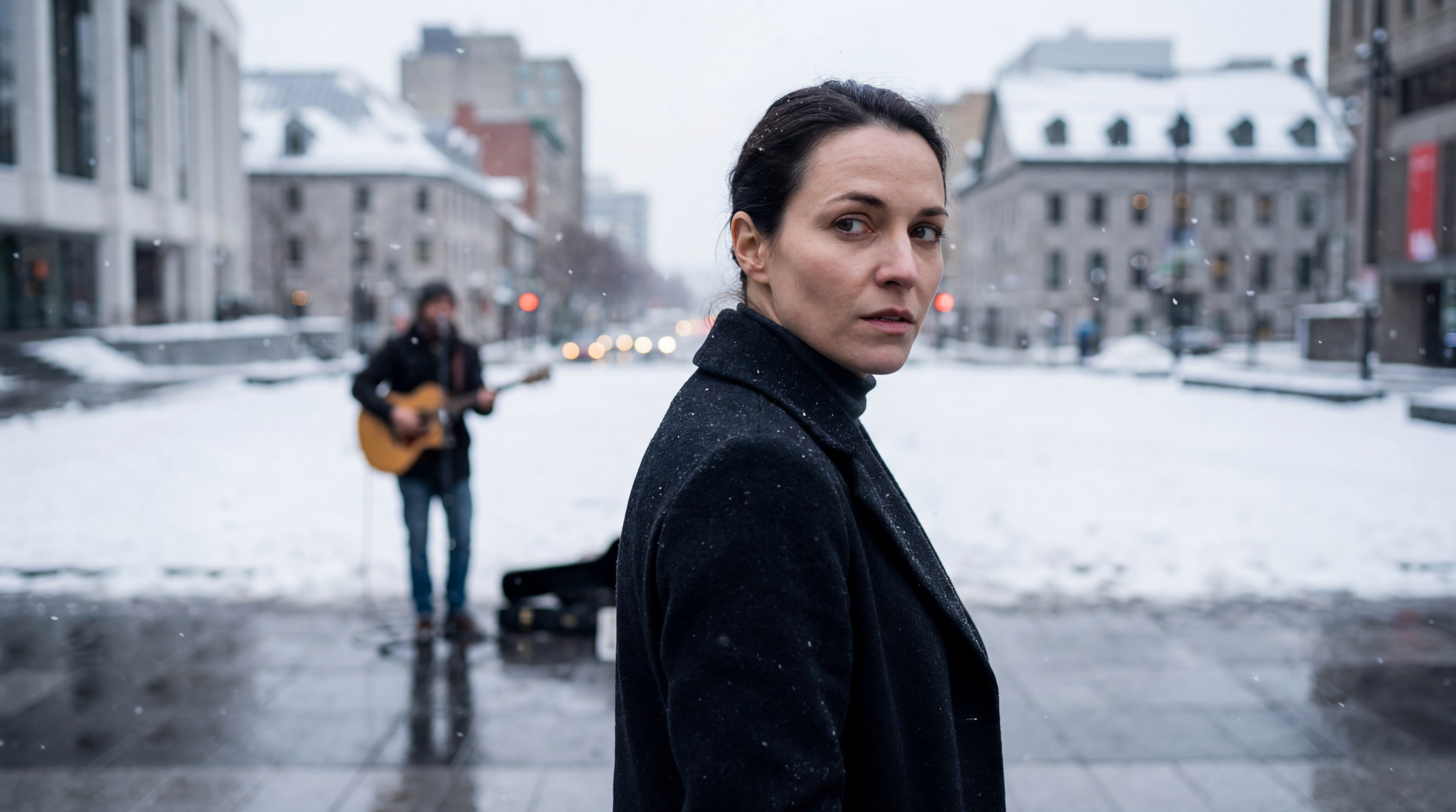 Sylvie, in a heavy dark coat, glances back over her shoulder in a snowfall; a street performer plays blurred behind her.