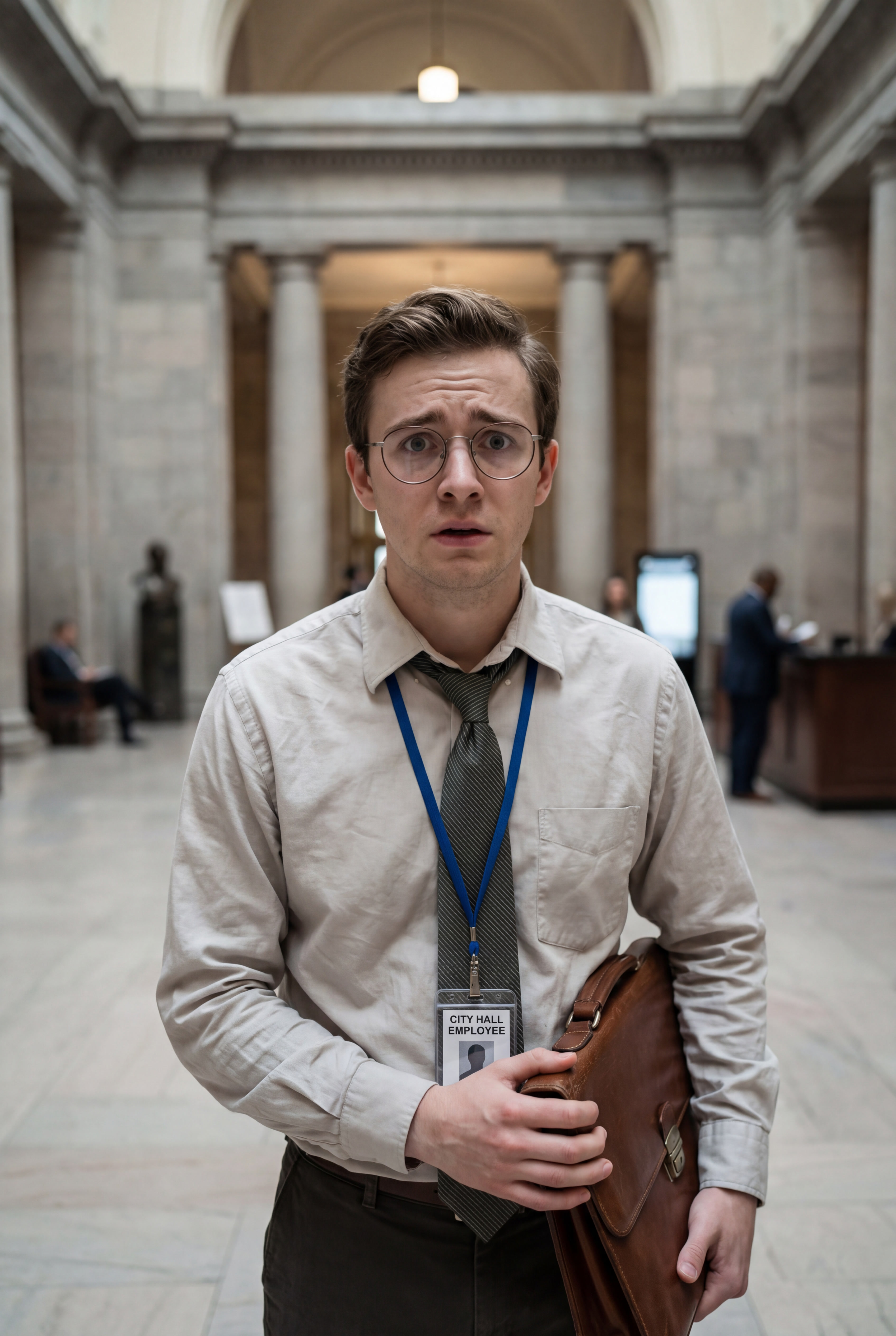 A young city-hall employee with round glasses and a shocked expression, clutching a briefcase in a marble lobby.
