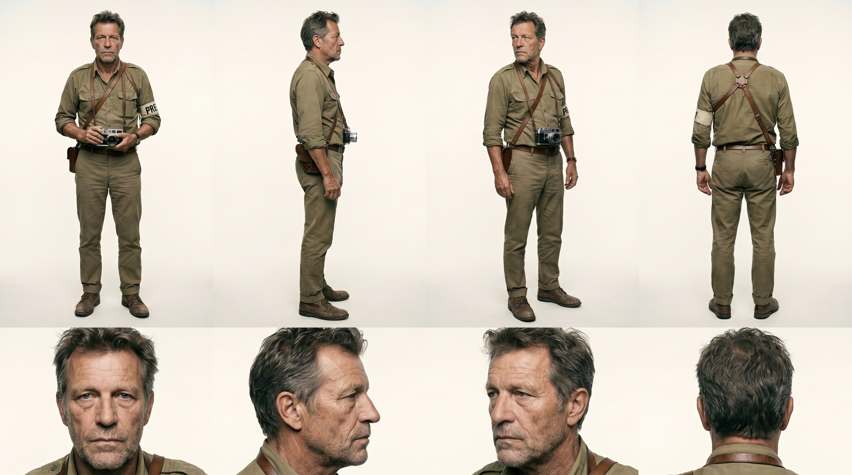 An 8-view character reference sheet for Jorg, a gray-haired stubbled field photographer in olive military utility wear with a cross-body vintage film camera and press armband - full-body front, profile, 3/4, and back views plus matching headshots, on a plain neutral studio background.
