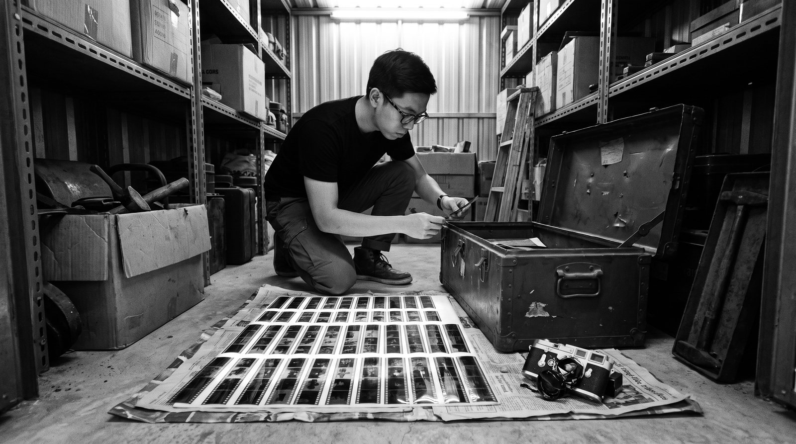 Minh Tran examining film negatives - a B&W photograph of a young filmmaker kneeling over a contact sheet beside a Leica M3 and an open ammunition trunk.