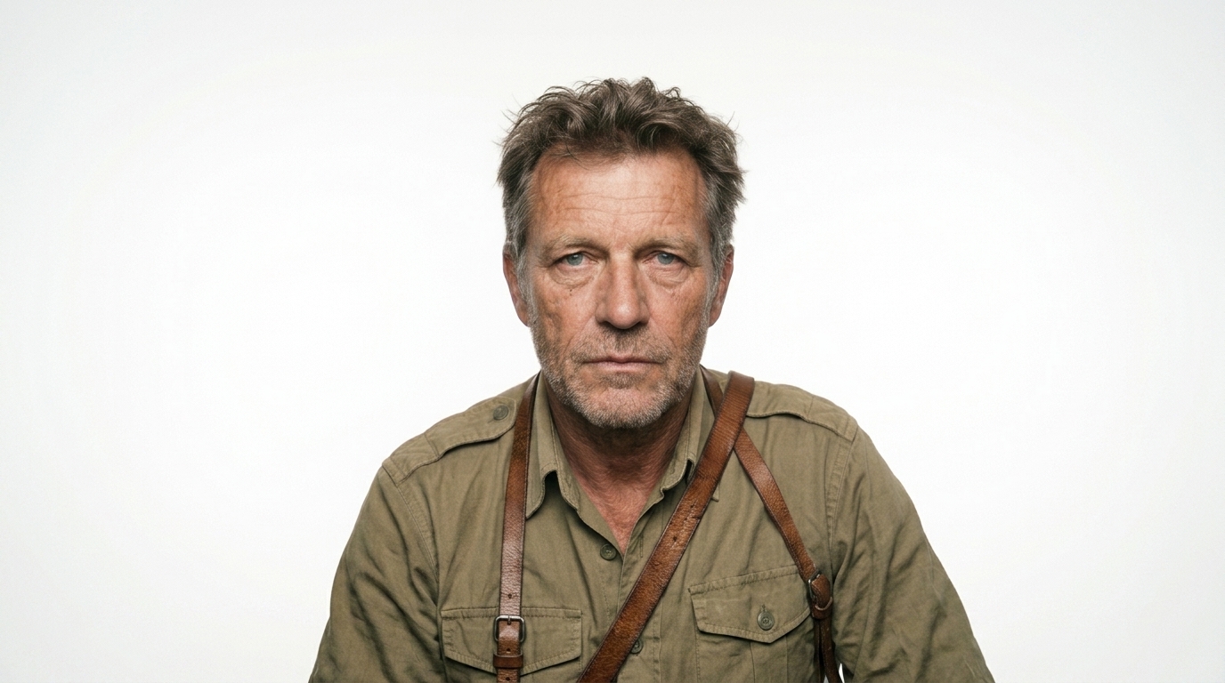 Jorg - a weathered war photojournalist in his late fifties, olive utility shirt, leather suspenders, and a cross-body vintage film camera, with a press armband.