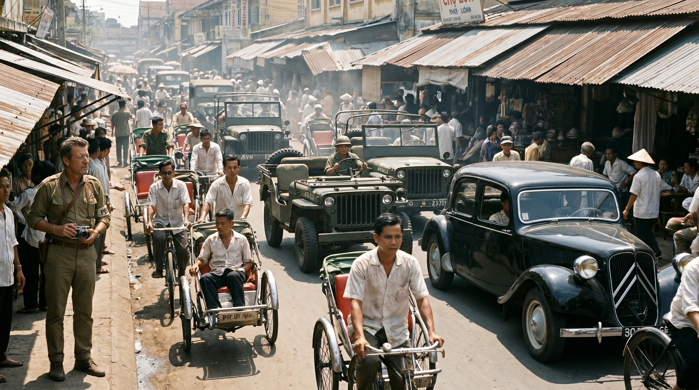 A sun-drenched, crowded Saigon street market in the Cholon district - bicycle rickshaws, military jeeps, and a vintage black Citroën pass storefronts while a Western journalist with a camera stands on the sidewalk.