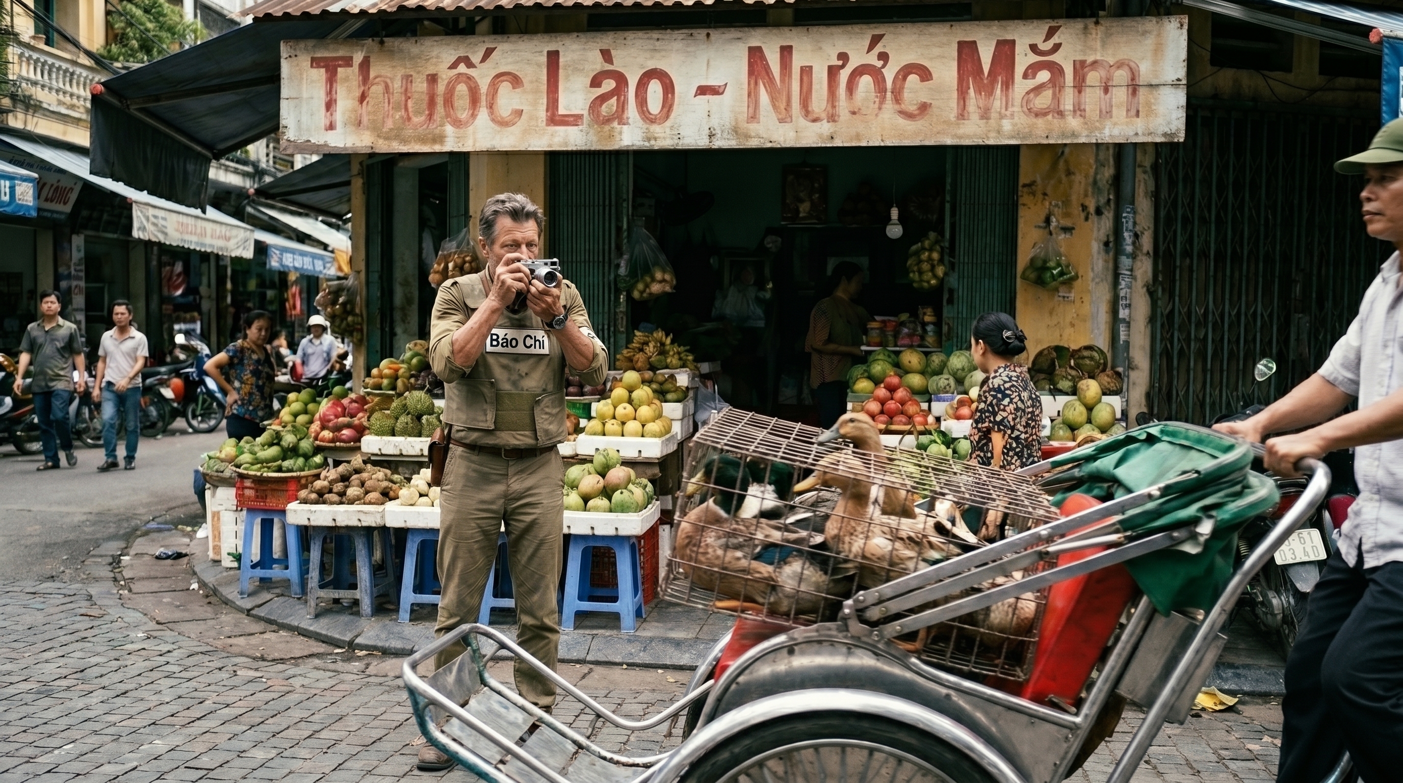 A middle-aged journalist in a 'Báo Chí' press vest photographs a Saigon street market - a cyclo laden with caged ducks passes as a vendor sells fruit under a wooden shop sign, motorcycles parked in the background.