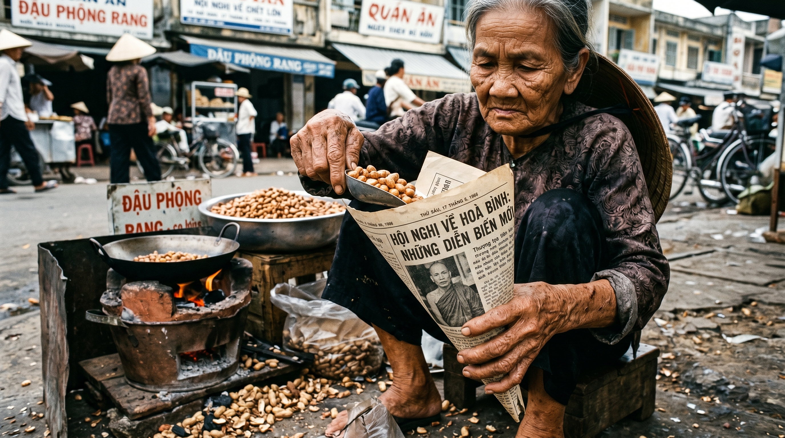 A tight, intimate close-up of an elderly Vietnamese woman squatting at a street stall, pouring roasted peanuts from a steel scoop into a rolled newspaper cone beside an open-fire wok, the blurred 1966 street market behind her.