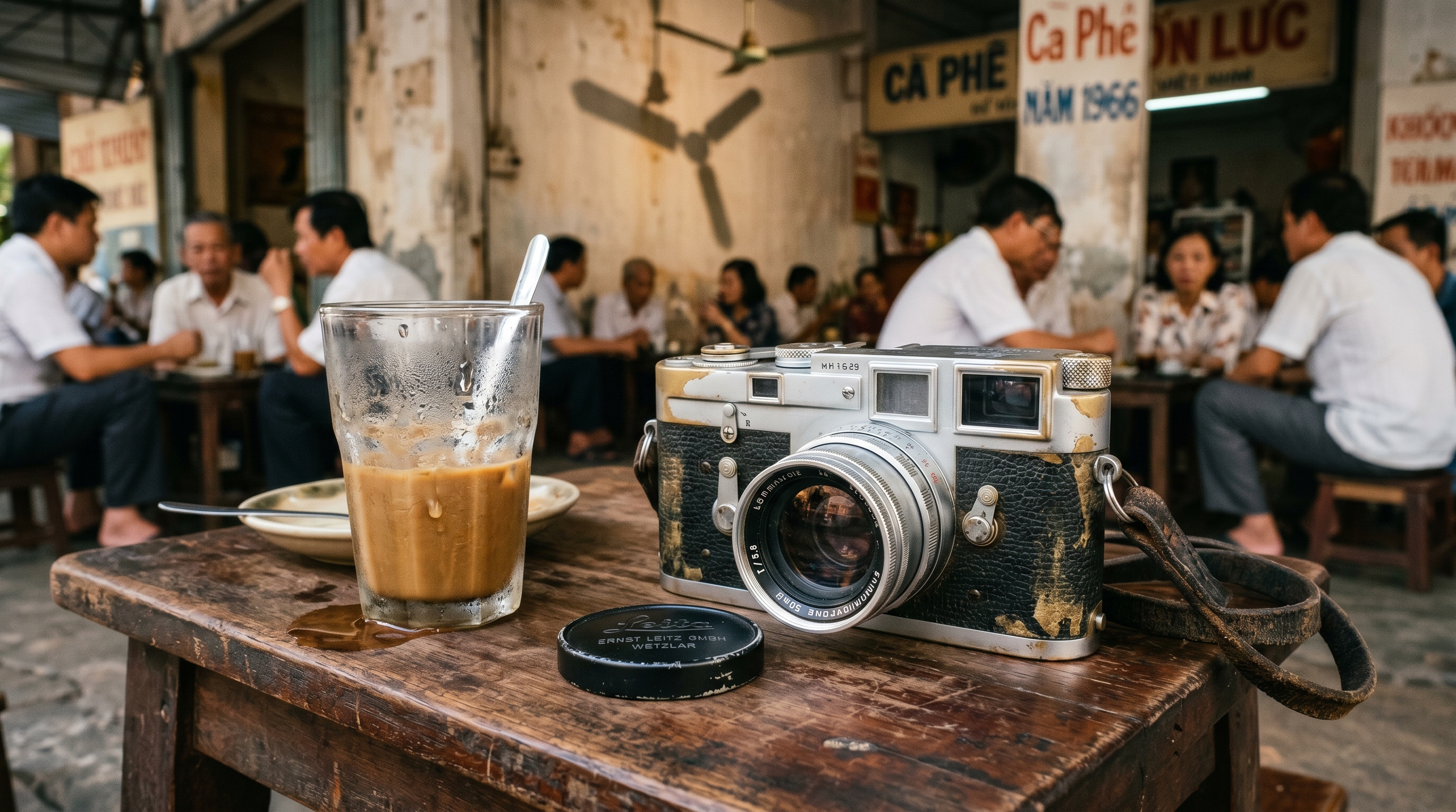 A hyper-detailed café still: a weathered wooden table holds a black-and-silver Leica M3 camera and its lens cap beside a sweating glass of iced coffee, patrons blurred behind under a peeling wall sign reading 'CA PHÊ · 1966'.