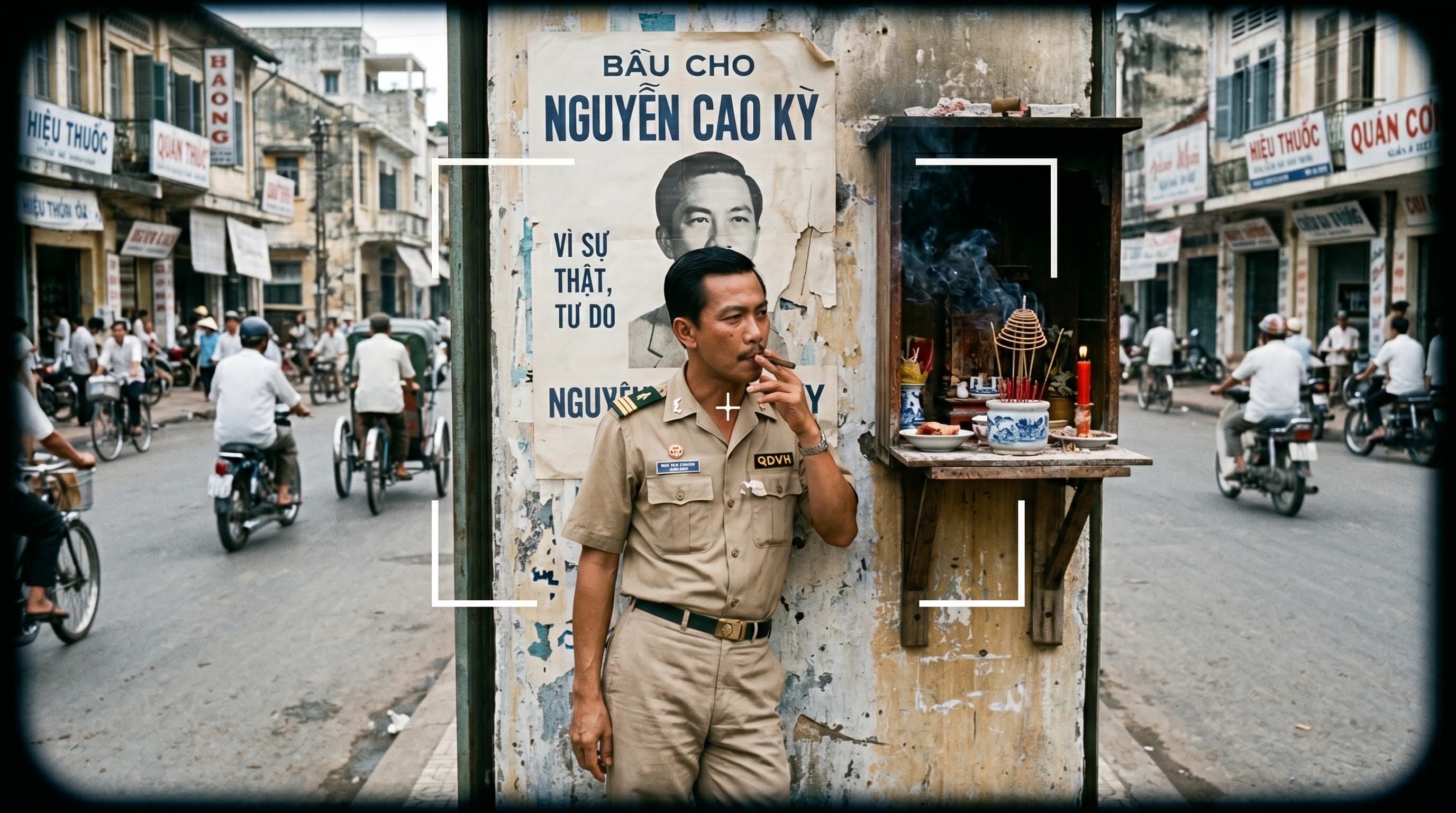 A South Vietnamese major in a khaki uniform leans against a peeling wall beside a Nguyen Cao Ky campaign poster and a street shrine, smoking as cyclo traffic moves down a 1960s Saigon street.
